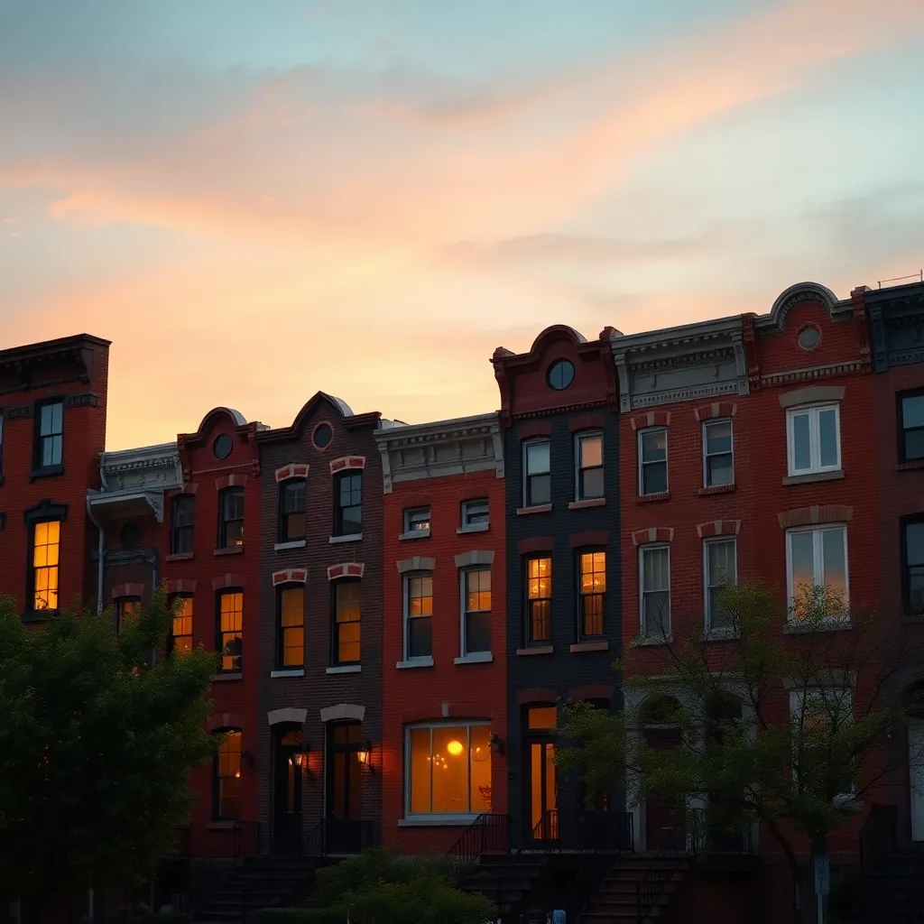 Baltimore row houses at dusk, representing the community impact of heroin and fentanyl