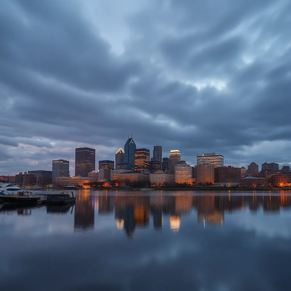 The skyline of Baltimore with an overcast sky, representing the city's ongoing opioid crisis